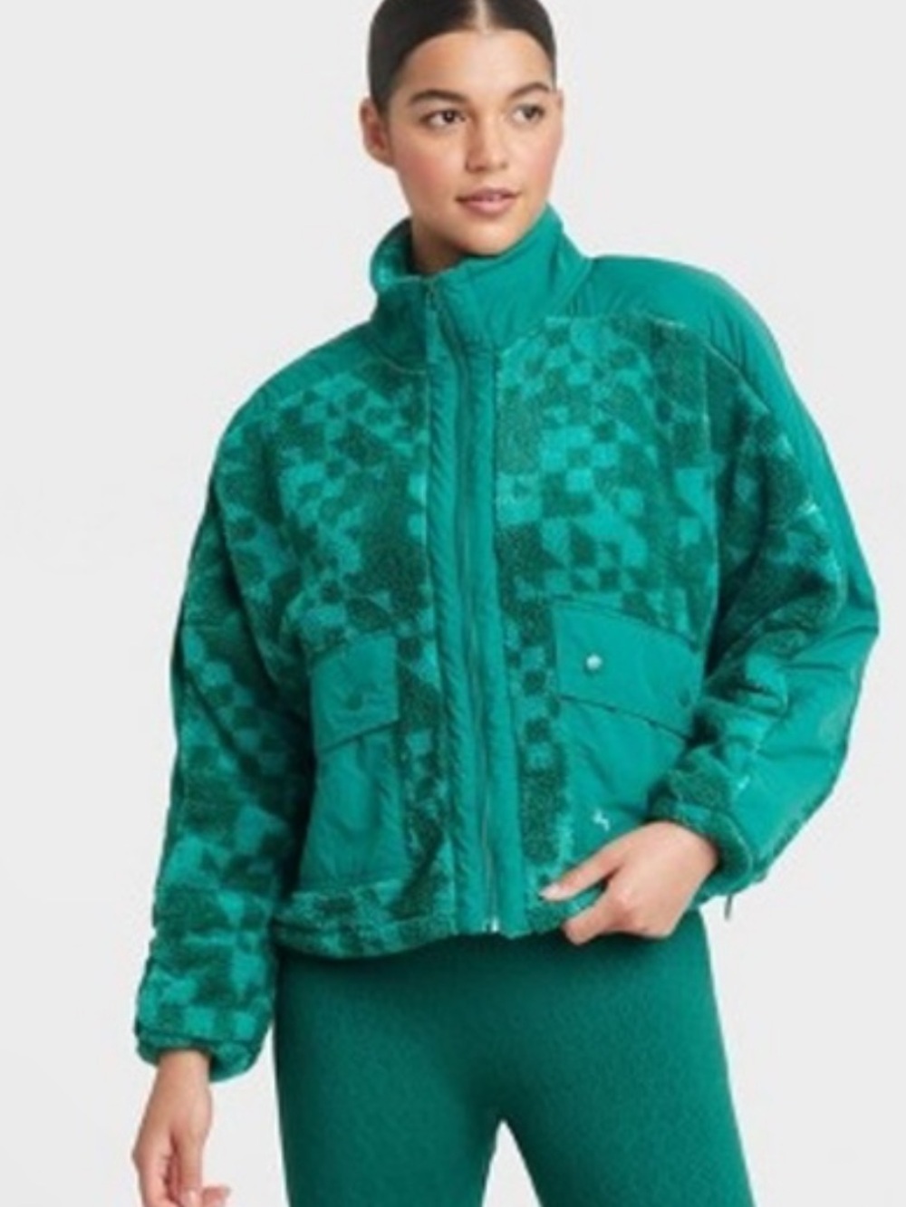 Joy Lab Geometric Oversized Cropped Fleece Full Zip Jacket Sz L